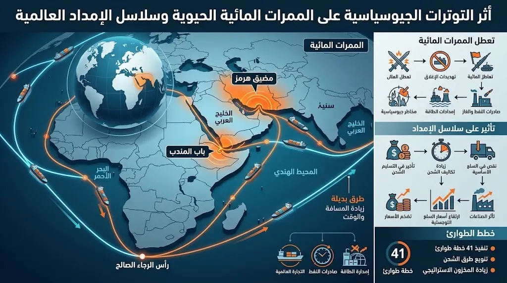 إنفوجرافيك احترافي يوضح تأثير التوترات الجيوسياسية على حركة السفن التجارية في الممرات المائية الحيوية وسلاسل الإمداد.
