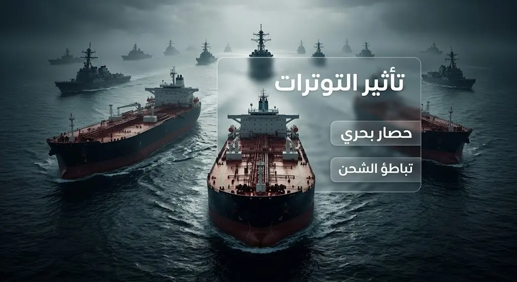 تصميم تعبيري يظهر سفناً تجارية وسط أجواء متوترة بوجود قطع عسكرية، في إشارة إلى تباطؤ الملاحة.
