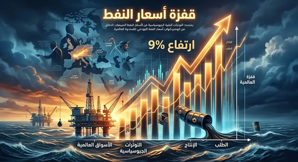 تصميم تعبيري يدمج بين منصات استخراج النفط والمؤشرات المالية الصاعدة بشكل حاد، تعبيراً عن تأثر أسواق الطاقة بالتوترات الجيوسياسية.