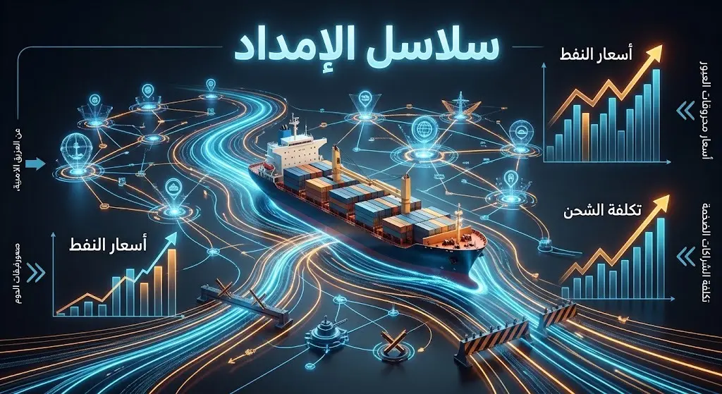 تصميم معلوماتي يبرز تأثير التوترات الأمنية على سلاسل الإمداد العالمية وارتفاع تكاليف الشحن وأسعار النفط.