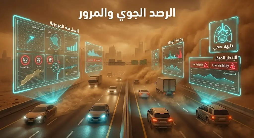رسم تعبيري يظهر طريقاً سريعاً أثناء عاصفة غبارية مع شاشات رصد جوي تنبه السائقين وتعزز السلامة المرورية والصحية.