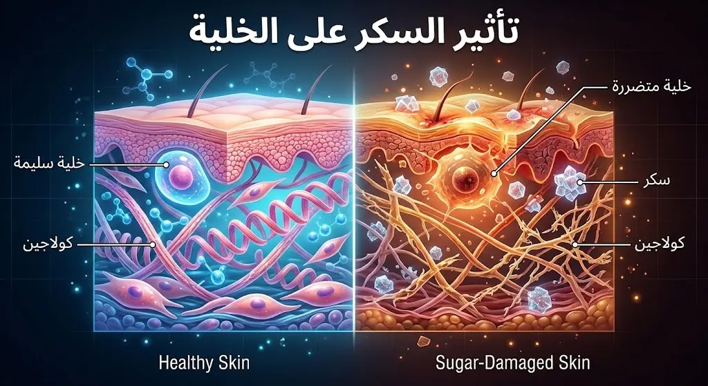 إنفوجرافيك طبي دقيق يوضح مقارنة مجهرية بين خلايا جلد سليمة وألياف كولاجين مرنة، مقابل خلايا متضررة تهاجمها جزيئات السكر المضاف مما يؤدي إلى تكسر الكولاجين وشيخوخة البشرة.