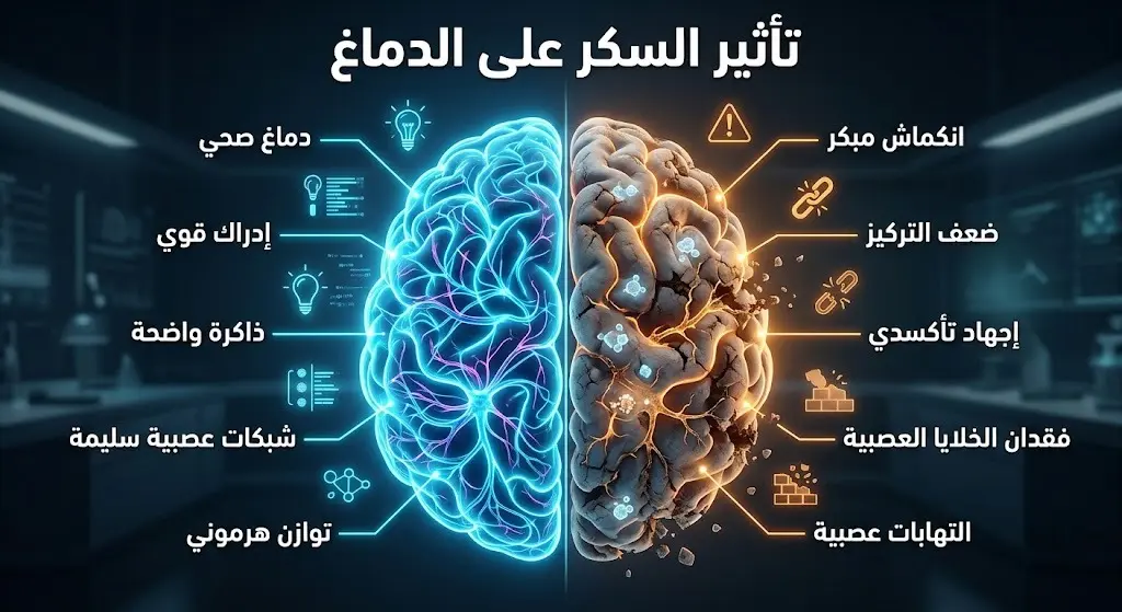 صورة مقارنة توضيحية تظهر الفارق بين دماغ بشري صحي وآخر يعاني من الانكماش والشيخوخة المبكرة بسبب ارتفاع مستويات السكر.