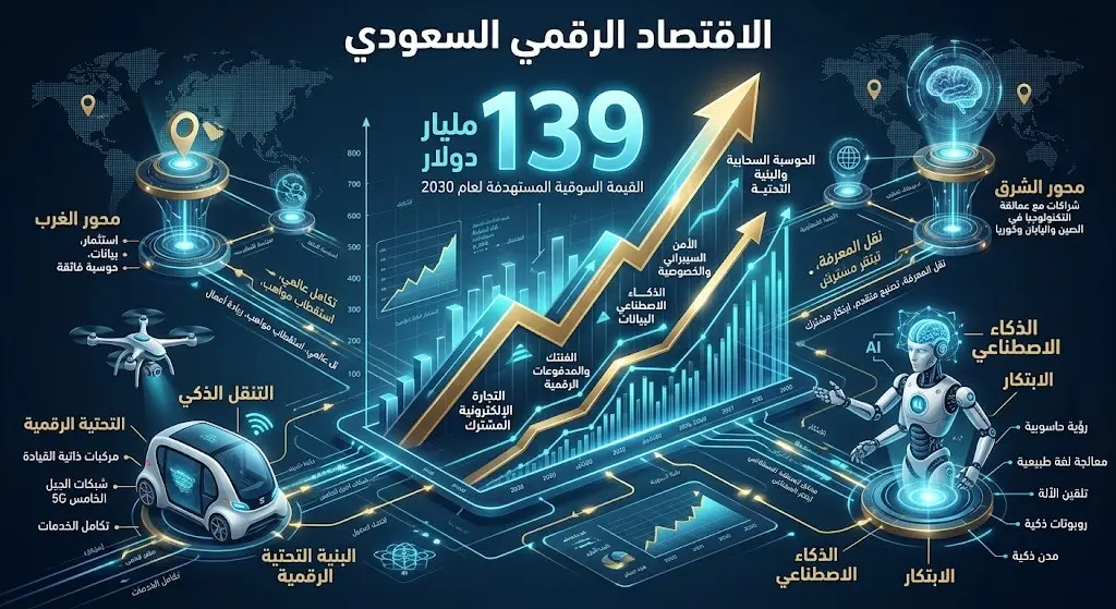 تصميم إنفوجرافيك عصري يوضح نمو الاقتصاد الرقمي السعودي وصولاً إلى 139 مليار دولار، مع إبراز تأثير الشراكات التقنية والذكاء الاصطناعي على منظومة الابتكار.