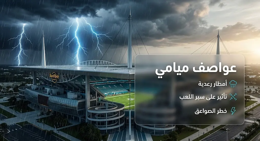 تصميم فني لملعب هارد روك في ميامي تسيطر عليه غيوم داكنة وعواصف رعدية وبرق، مع نصوص عربية توضح تأثير حالة الطقس على مجريات اللعب.
