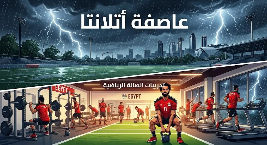 تصميم تعبيري يبرز تأثير العاصفة الرعدية في أتلانتا ونقل تدريبات المنتخب المصري للصالة الرياضية المغطاة.