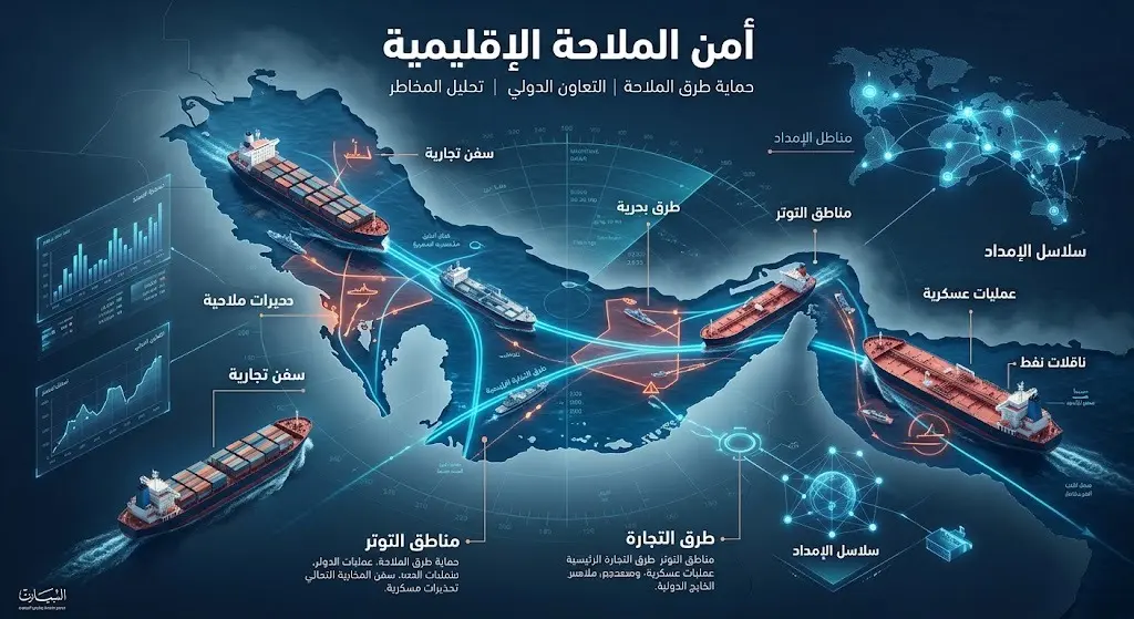 خريطة بصرية ثلاثية الأبعاد تبرز الممرات البحرية في الخليج وتأثير التوترات العسكرية على حركة الشحن.