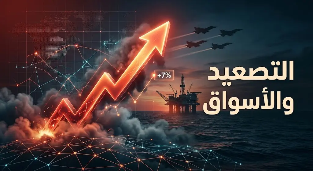 رسم تعبيري يظهر أسهماً مالية حمراء تتجه بقوة للأعلى فوق خلفية لمنصة نفطية وعناصر عسكرية بحرية وجوية