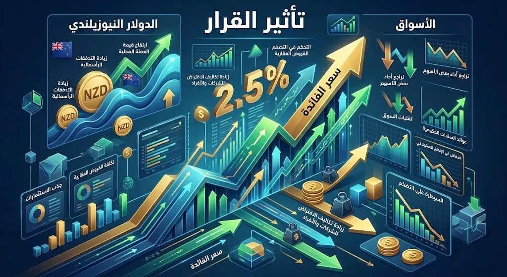 تصميم إنفوجرافيك يوضح تأثير قرار رفع الفائدة في نيوزيلندا على تكاليف الاقتراض وارتفاع قيمة الدولار النيوزيلندي وعوائد السندات.