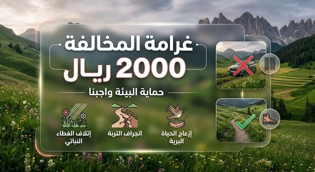 صورة تعبيرية وإنفوجرافيك يوضح غرامة المخالفة لدخول المركبات في الفياض والمحميات الطبيعية والتي تبلغ 2000 ريال.