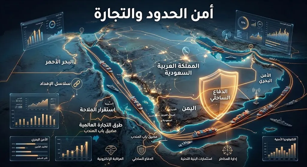 تصميم ثلاثي الأبعاد يوضح خريطة البحر الأحمر والحدود الجنوبية للسعودية مع خطوط التجارة العالمية ودرع يرمز للحماية الأمنية.
