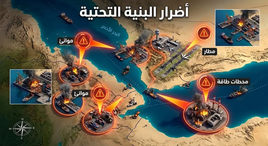خريطة إنفوجرافيك ثلاثية الأبعاد توضح المواقع المتضررة من البنية التحتية في اليمن مثل الموانئ والمطارات والمحطات.