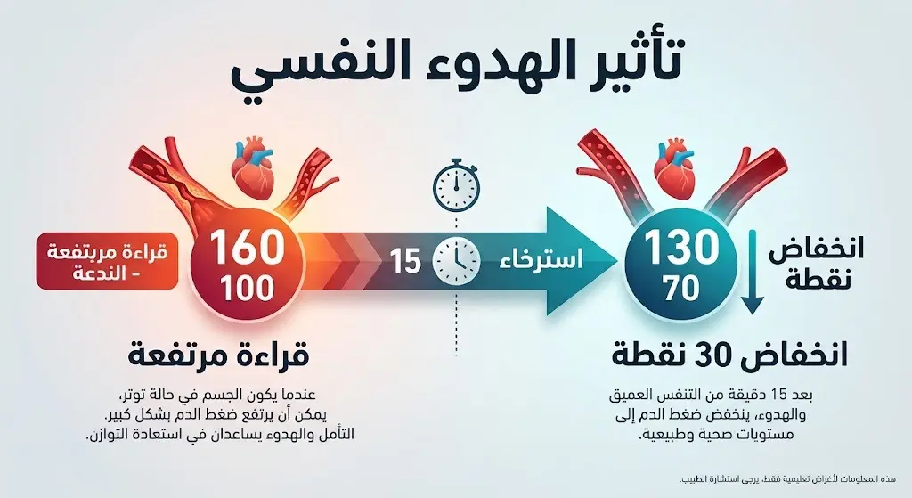 رسم بياني يوضح انخفاض قراءات ضغط الدم المرتفعة بمقدار 20 إلى 30 نقطة خلال 15 دقيقة فقط من الاسترخاء والهدوء النفسي.