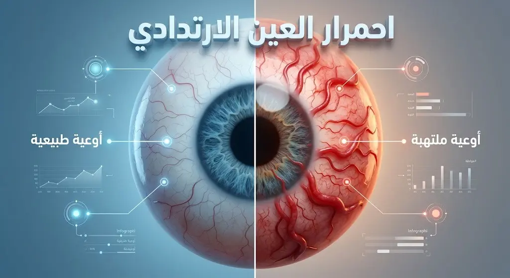 إنفوجرافيك طبي ثلاثي الأبعاد يوضح الفرق بين الأوعية الدموية الطبيعية للعين وتلك الملتهبة والمحتقنة نتيجة الاستخدام المفرط للقطرات.