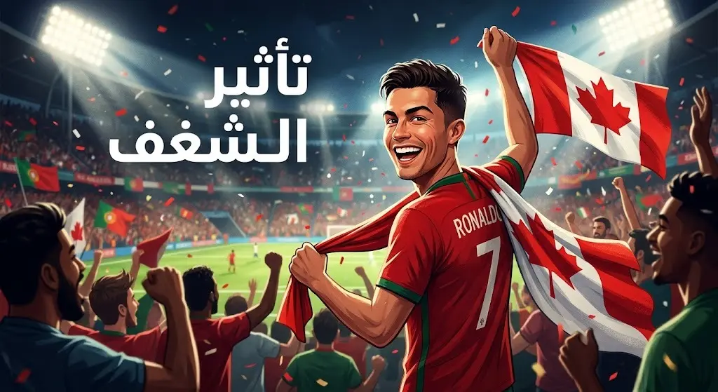 تصميم تعبيري يظهر اليوتيوبر سبيد مرتدياً قميص البرتغال برقم 7 وحاملاً علم كندا داخل ملعب كرة قدم