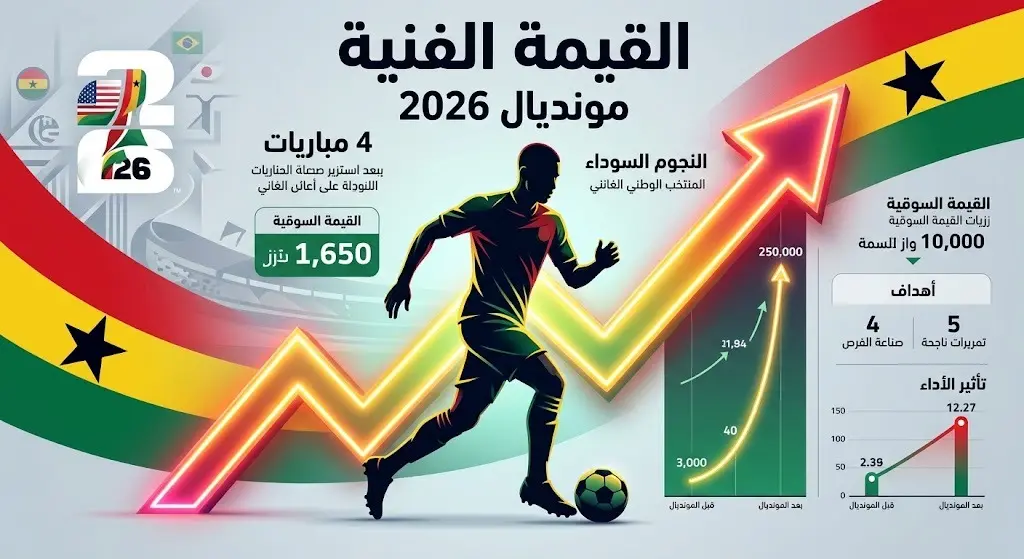 إنفوجرافيك رياضي يوضح ارتفاع القيمة الفنية للاعب الغاني بعد مشاركته في كأس العالم 2026، يظهر فيه رسم بياني صاعد وألوان علم غانا.