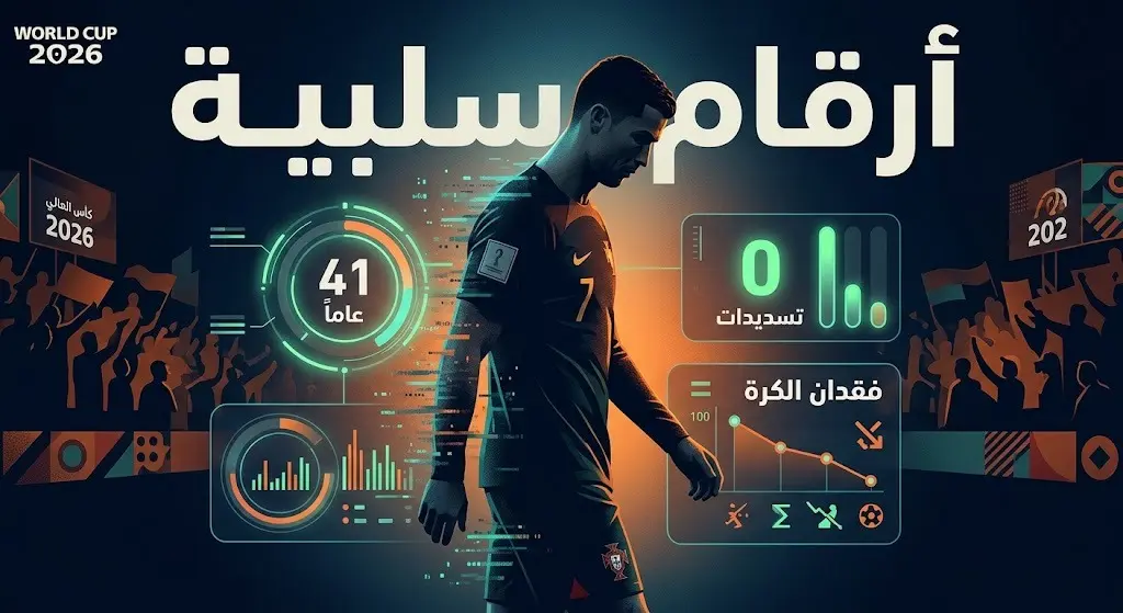 تصميم فني يستعرض الأرقام السلبية والإحصائيات التي تعكس تراجع أداء كريستيانو رونالدو في مونديال 2026.