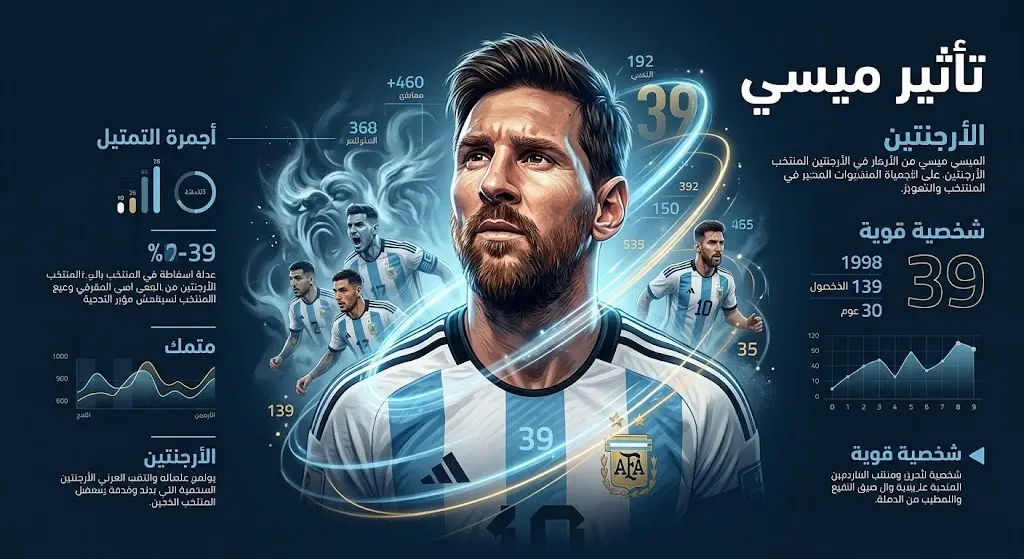 تصميم إبداعي يظهر ليونيل ميسي كقائد ملهم يجسد القوة الذهنية والشخصية العاطفية للمنتخب الأرجنتيني.