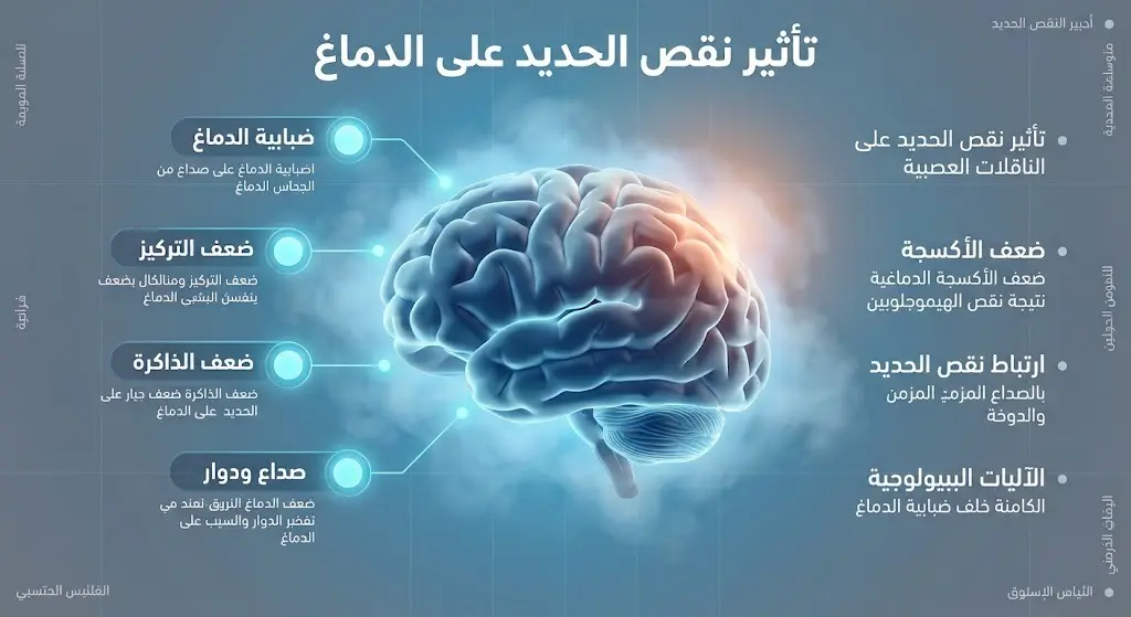 تصميم إنفوجرافيك طبي يوضح تأثير نقص الحديد على الدماغ وأعراض ضبابية الدماغ وضعف التركيز