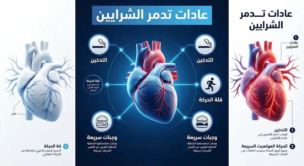 إنفوجرافيك يوضح تأثير العادات اليومية الخاطئة مثل التدخين والخمول وتناول الوجبات السريعة على صحة الشرايين.