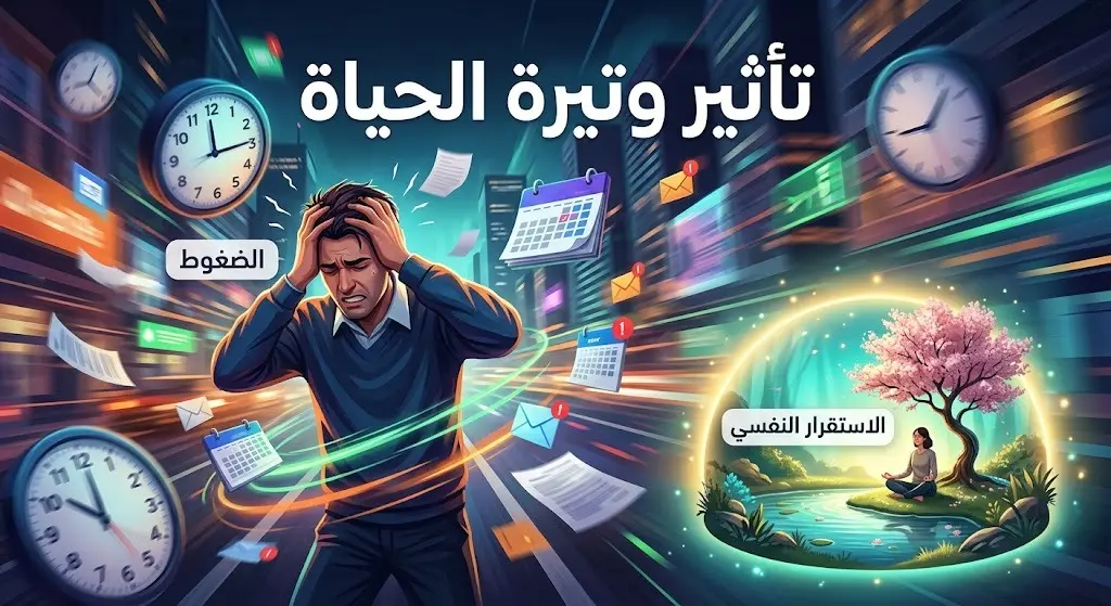 صورة تعبيرية توضح تأثير وتيرة الحياة السريعة والركض المستمر خلف الأهداف على الصحة النفسية والاستقرار الداخلي للفرد.