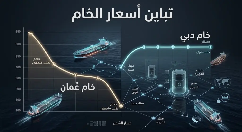 إنفوجرافيك بياني يوضح التباين الحاد في أسعار النفط، مع خطوط مضيئة تقارن بين انخفاض سعر خام عُمان واستقرار خام دبي على خلفية بحرية.