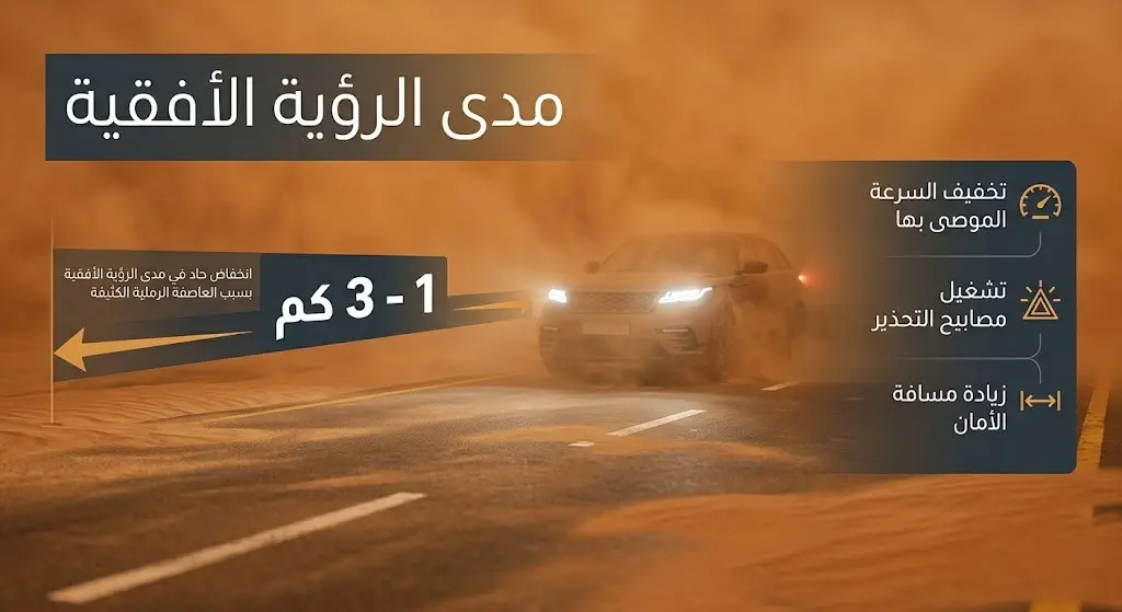 إنفوجرافيك يوضح تأثير العواصف الترابية على مدى الرؤية الأفقية بمسافة تتراوح بين 1 إلى 3 كيلومترات.