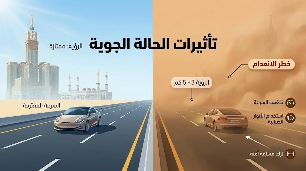 إنفوجرافيك يوضح تدني مستوى الرؤية الأفقية بسبب الأتربة المثارة إلى مسافة تتراوح بين 3 و5 كيلومترات.