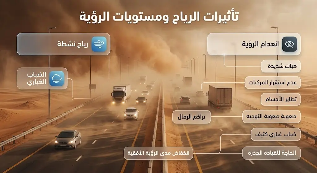 إنفوجرافيك يوضح تأثيرات الرياح النشطة والغبار على مستويات الرؤية الأفقية في الطرقات مع التنبيهات الجوية.
