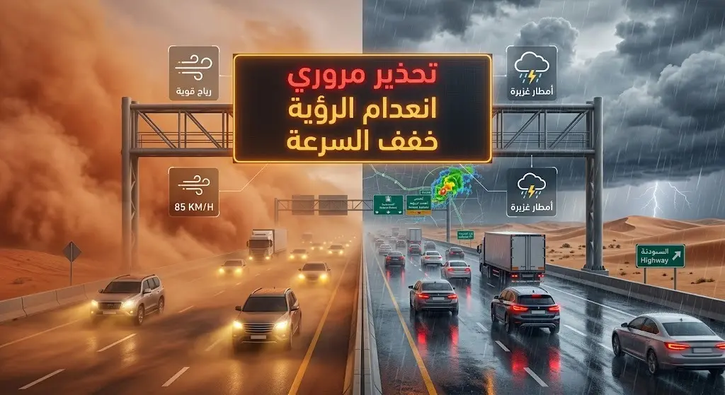 تصميم تعبيري يظهر طريقاً سريعاً تتأثر فيه الرؤية الأفقية بسبب موجات الغبار والأمطار مع لوحات مرورية إرشادية مضيئة.