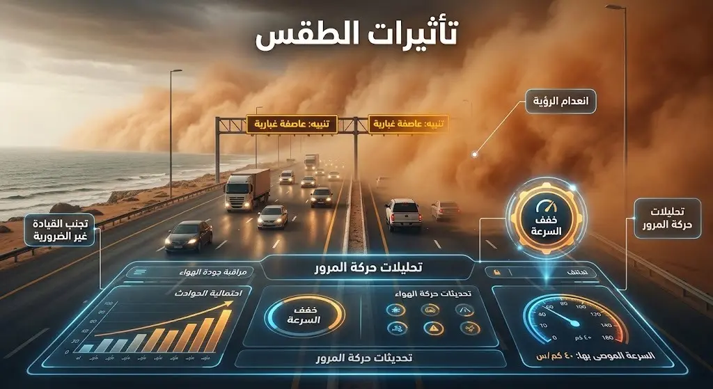 تصميم إنفوجرافيك يوضح تأثير الغبار الكثيف وانعدام الرؤية على حركة السير في الطرق السريعة مع إرشادات السلامة المرورية.
