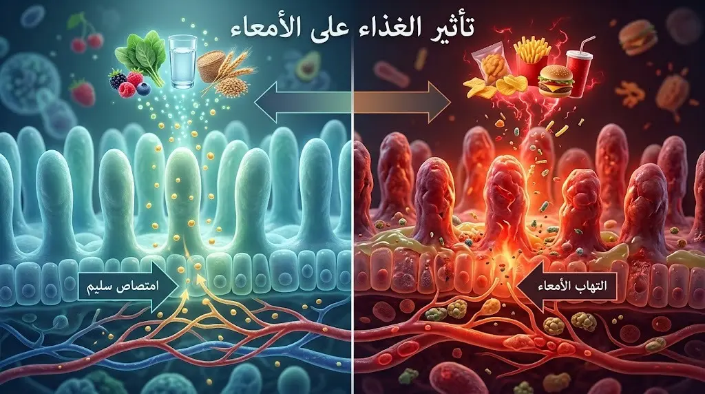 إنفوجرافيك طبي ثلاثي الأبعاد يوضح الفرق بين امتصاص الغذاء الصحي والالتهابات المعوية الناتجة عن الأغذية الضارة.
