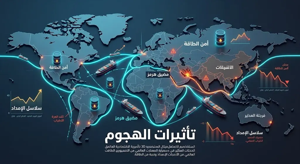 إنفوجرافيك ثلاثي الأبعاد يوضح تداعيات التوترات في مضيق هرمز على خطوط الشحن البحري وإمدادات النفط العالمية.