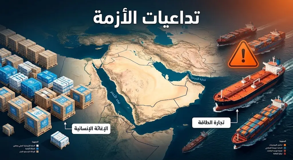 إنفوجرافيك يوضح تأثير تعطل الملاحة في البحر الأحمر ومضيق هرمز على شحنات الإغاثة الإنسانية وتجارة الطاقة العالمية.