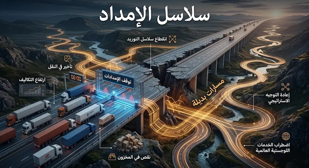 تصميم تعبيري يظهر تعطل سلاسل الإمداد اللوجستية وتوقف الشاحنات أمام طرق مقطوعة مع إبراز مسارات بديلة