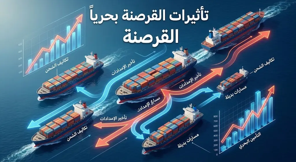 تصميم بياني يبرز تأثير حوادث القرصنة على تحويل مسارات الشحن وارتفاع تكاليف التأمين والإمداد