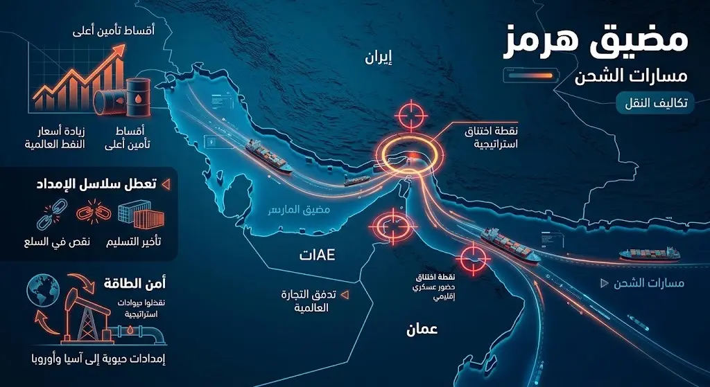 إنفوجرافيك يوضح مسارات الشحن البحري في مضيق هرمز وتأثير التوترات الجيوسياسية عليها.
