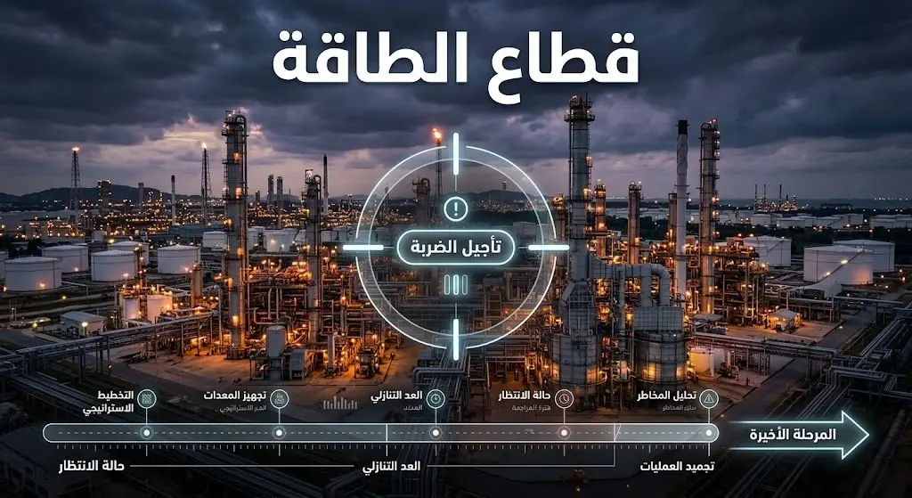 تصميم معلوماتي يبرز منشآت الطاقة الإيرانية مع إشارة مرئية لتأجيل استهدافها للمراحل الأخيرة