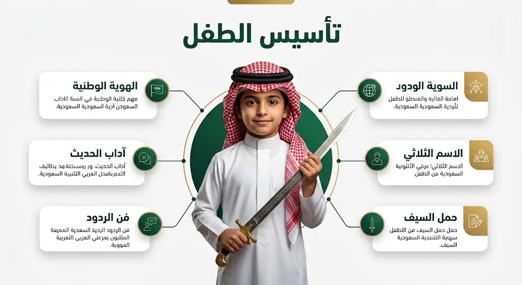 إنفوجرافيك إبداعي يستعرض خطوات تأسيس الطفل السعودي وتعليمه المهارات الاجتماعية وآداب الحديث قبل المشاركة في أداء العرضة السعودية.