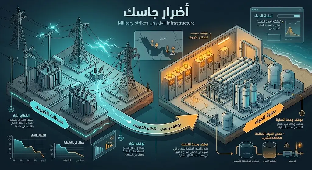 تصميم معلوماتي يبرز الأضرار البالغة التي لحقت بمنشآت الطاقة والكهرباء ومحطات ضخ مياه التحلية في مدينة جاسك الإيرانية.