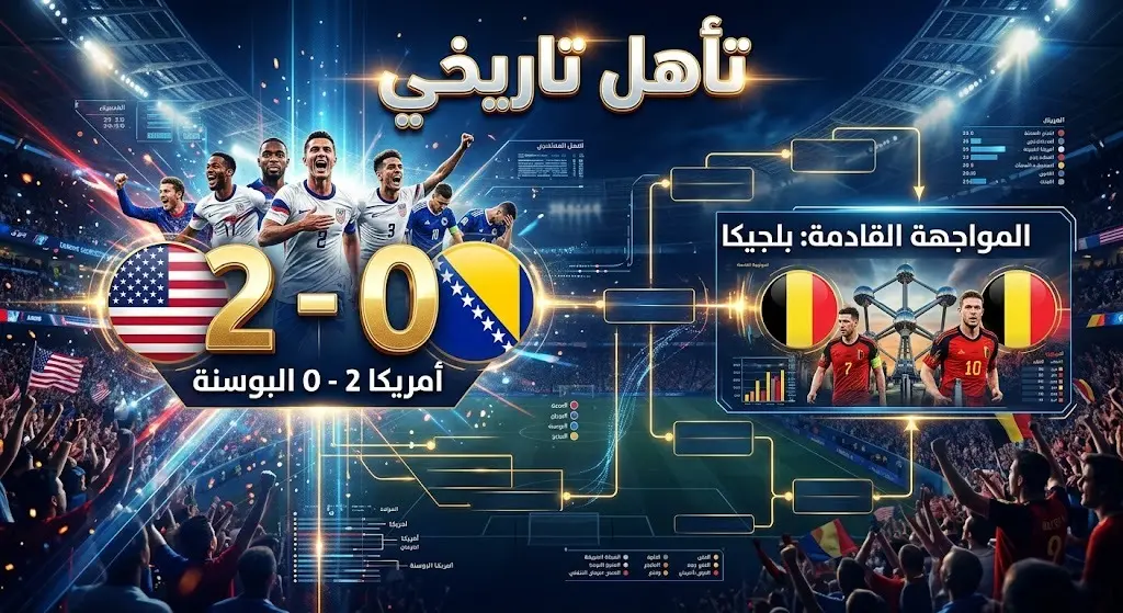 تصميم بصري يستعرض النتيجة النهائية بفوز أمريكا 2-0 وتأهلها لدور الـ16 لمواجهة بلجيكا