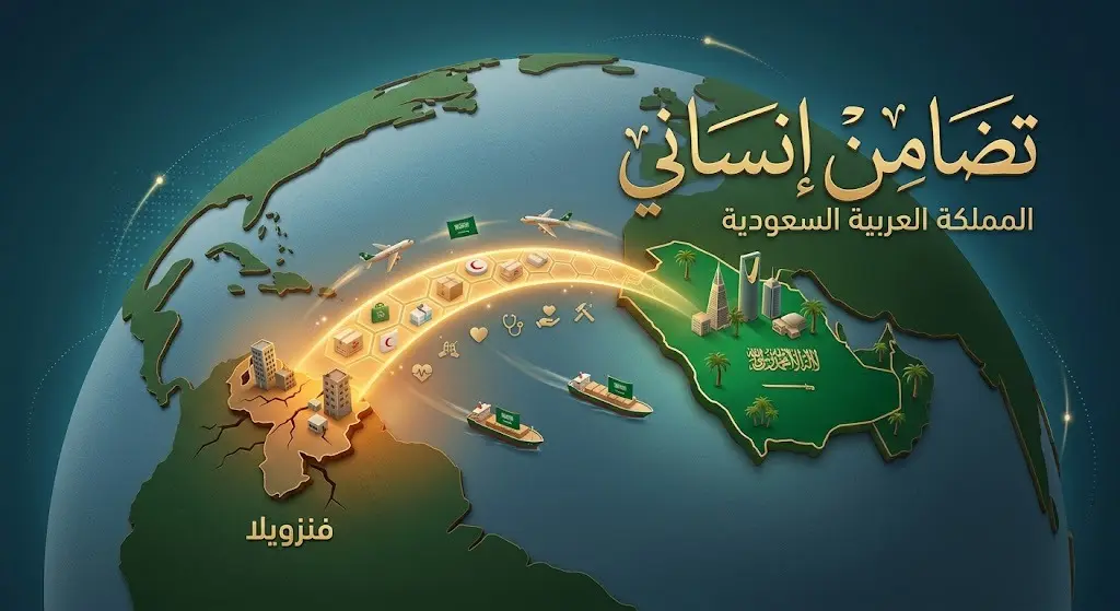 تصميم تعبيري يبرز تضامن المملكة العربية السعودية الإنساني مع فنزويلا إثر الزلزال