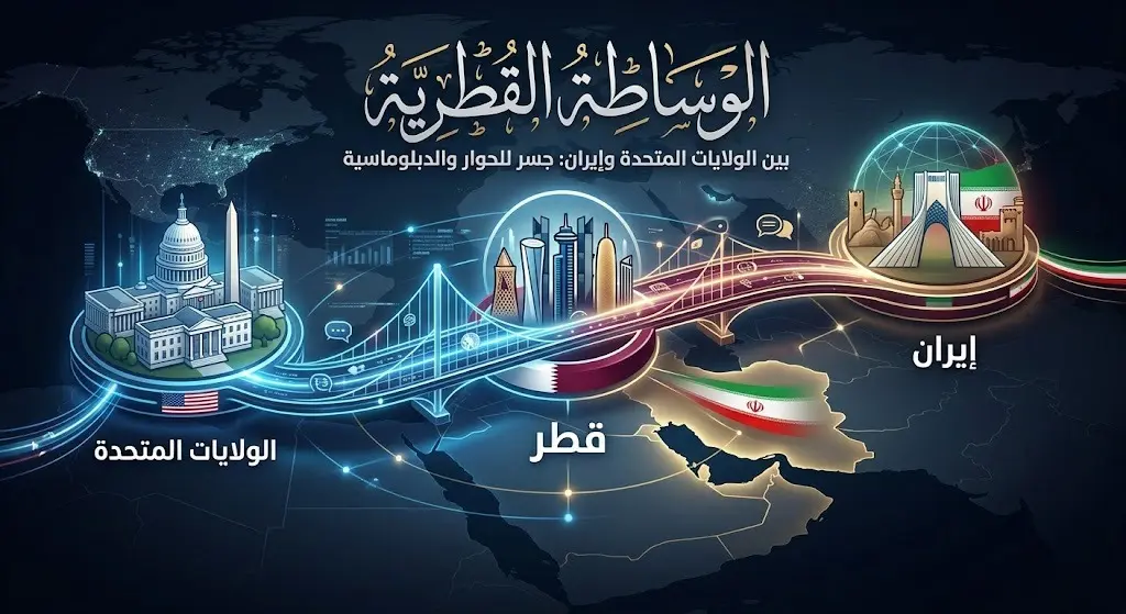 تصميم غرافيكي يوضح دور الوساطة القطرية عبر مسارات دبلوماسية تربط بين الولايات المتحدة وإيران