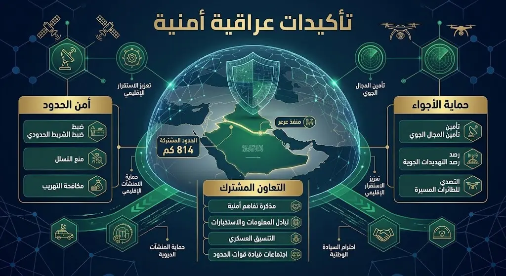 تصميم إنفوجرافيك عصري يبرز التعاون الأمني وتأمين الحدود والأجواء بين المملكة العربية السعودية والعراق، مع رموز رقمية ونصوص توضيحية.