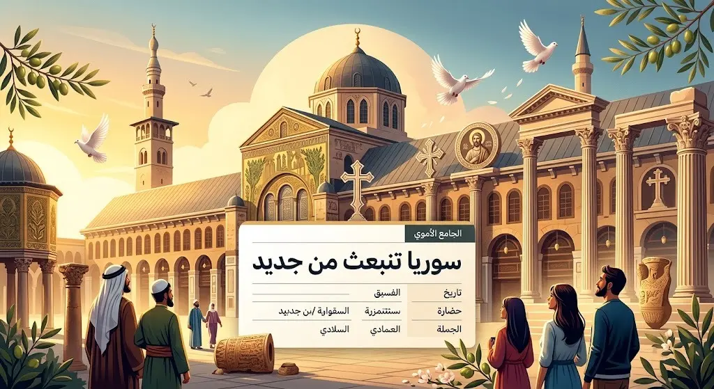 تصميم فني يدمج معالم الجامع الأموي والآثار الرومانية والمسيحية مع نصوص عربية تعبر عن وحدة وتاريخ سوريا.