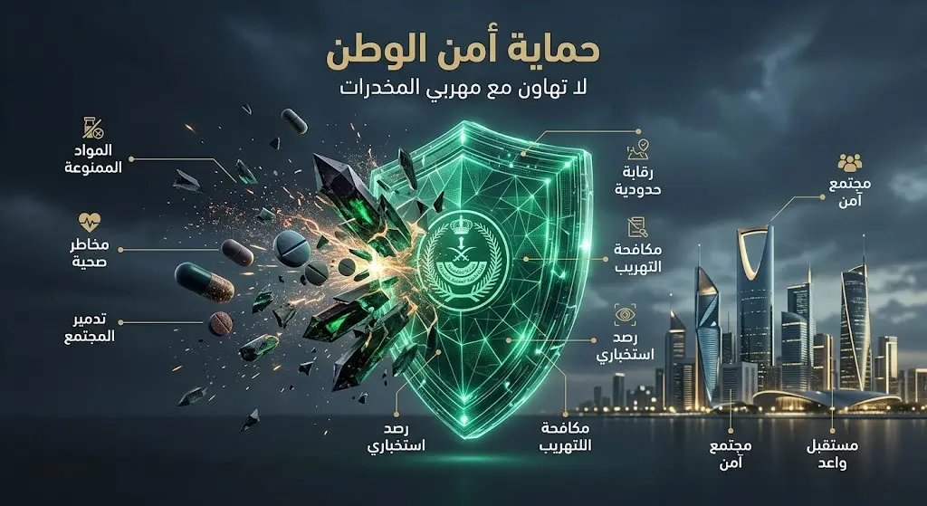 تصميم تعبيري يظهر درعاً أمنياً مشعاً يحطم رموز المخدرات لحماية المجتمع، مصحوباً بنصوص تؤكد صرامة وزارة الداخلية.