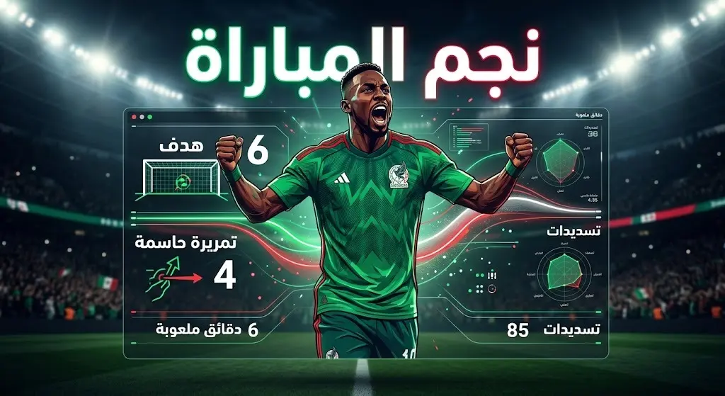 إنفوجرافيك يستعرض إحصائيات جوليان كينيونيس، نجم مباراة المكسيك والإكوادور، مبرزاً تسجيله هدفاً وصناعته لآخر وتتويجه بجائزة رجل المباراة.