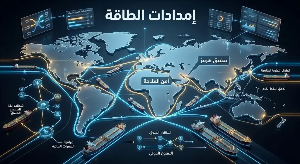 تصميم إنفوجرافيك يبرز أهمية مضيق هرمز الاستراتيجية في تأمين إمدادات الطاقة العالمية واستقرار حركة الملاحة والتجارة.