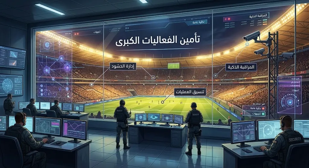 تصميم يجسد غرفة عمليات حديثة لمراقبة وتأمين الفعاليات الرياضية الكبرى والتجمعات البشرية بتقنيات متطورة.