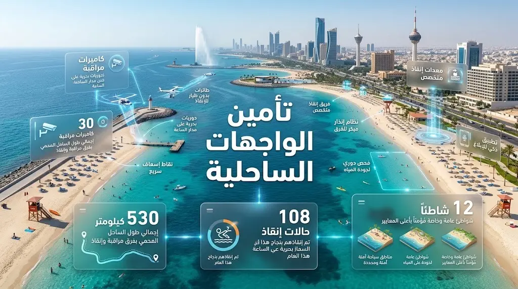 إنفوجرافيك يدمج مشهداً جوياً لساحل جدة مع لوحات بيانات زجاجية توضح جهود الأمانة في تأمين 530 كيلومتراً من السواحل وتجهيز الشواطئ لخدمة المصطافين.